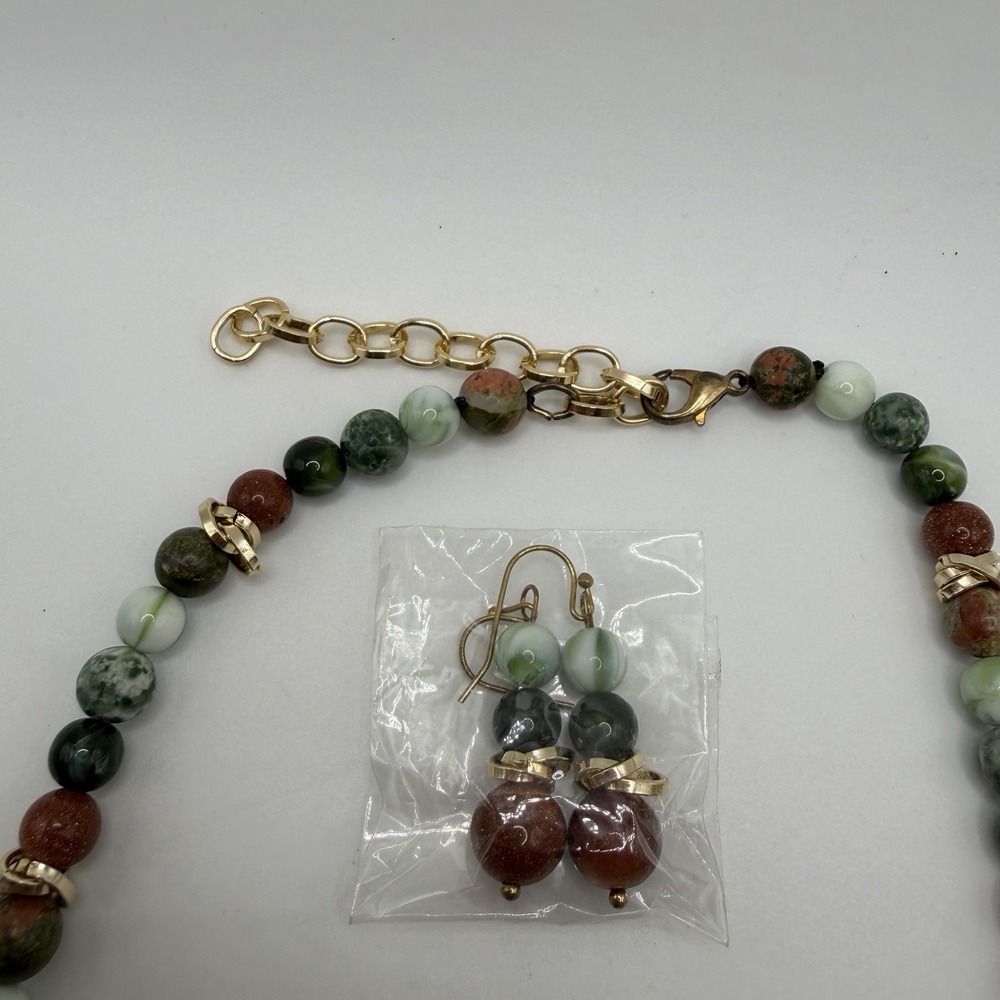 Necklace, Bracelet, Earring Jewelry Set of 3 Beads Green Brown Gold NEW Pierced - Picture 5 of 10
